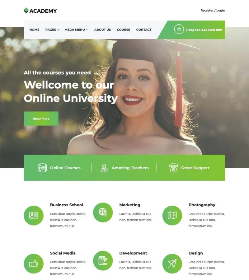 academy website template desktop screenshot