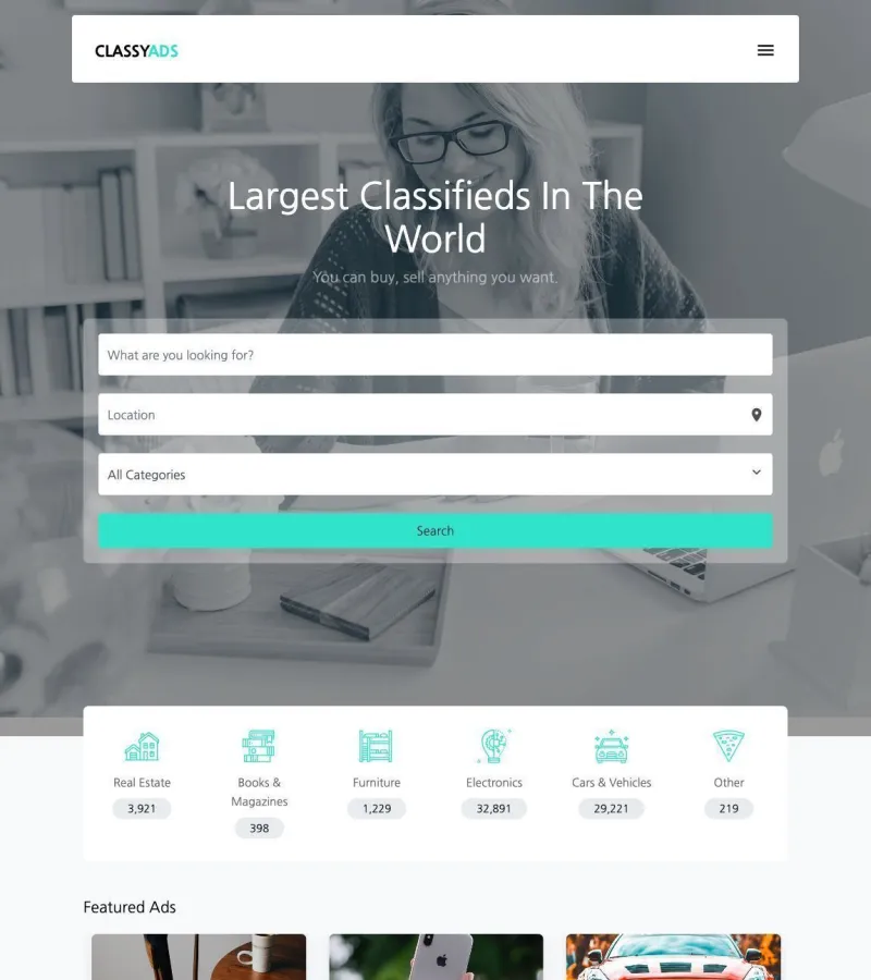Classy Ads website template desktop screenshot