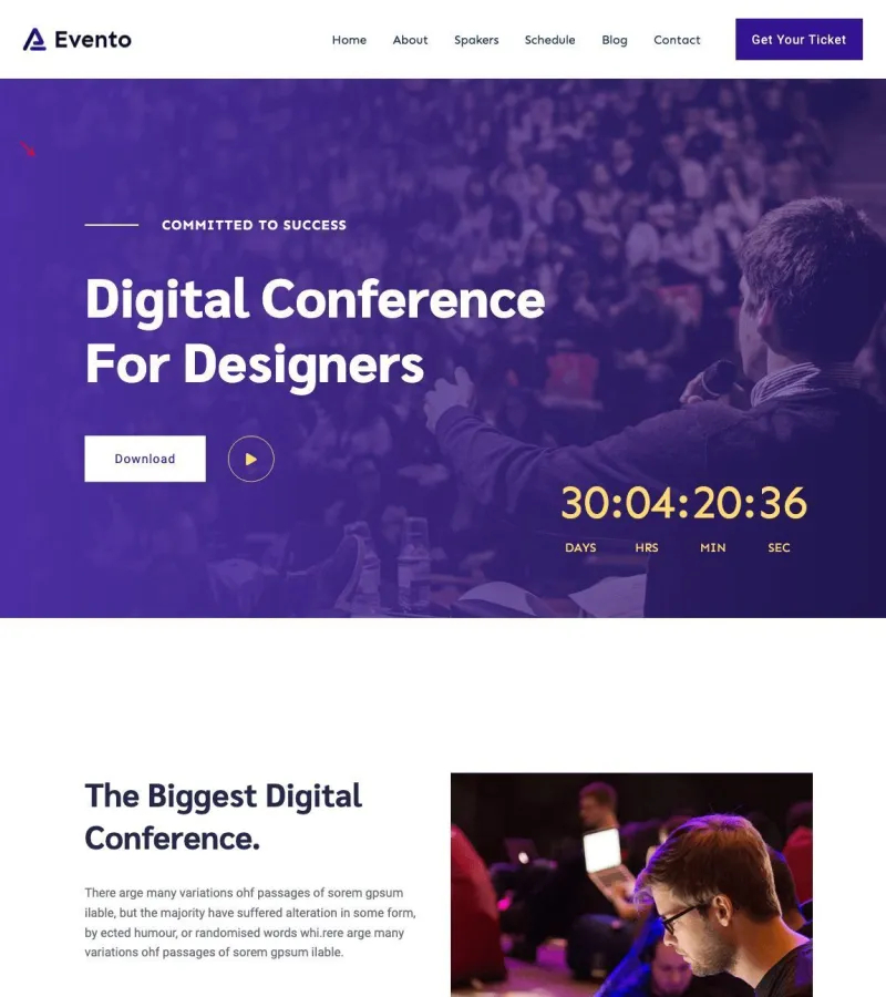 Evento website template desktop screenshot