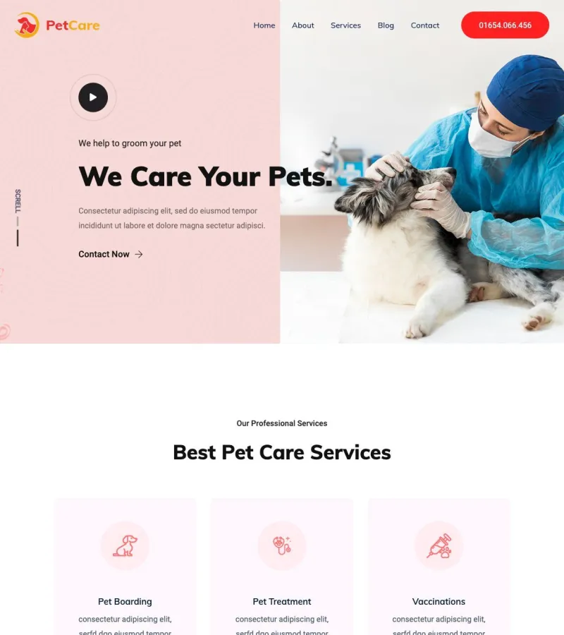 PetCare website template desktop screenshot